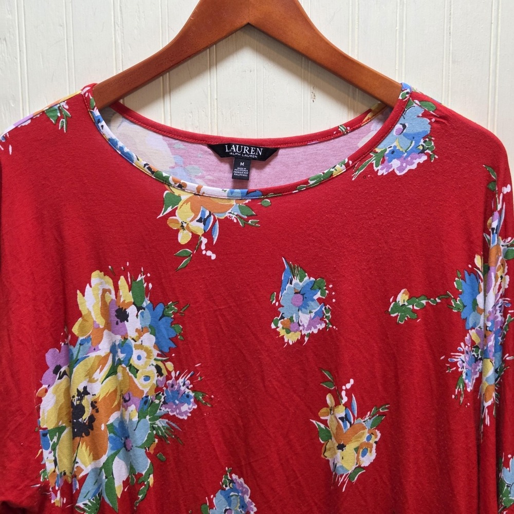 Lauren Ralph Lauren Shirt‎ Womens Medium Red Floral Tie Front 3/4 Sleeve Top